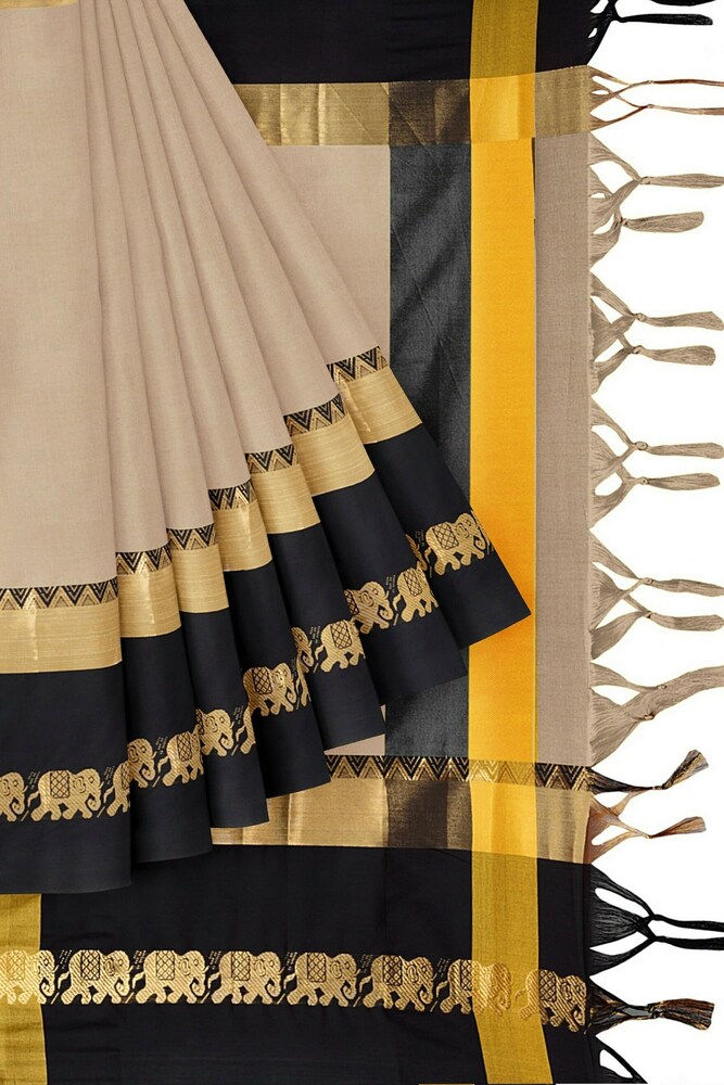 Chiku & Black Cotton Silk Savanna Elephant Saree