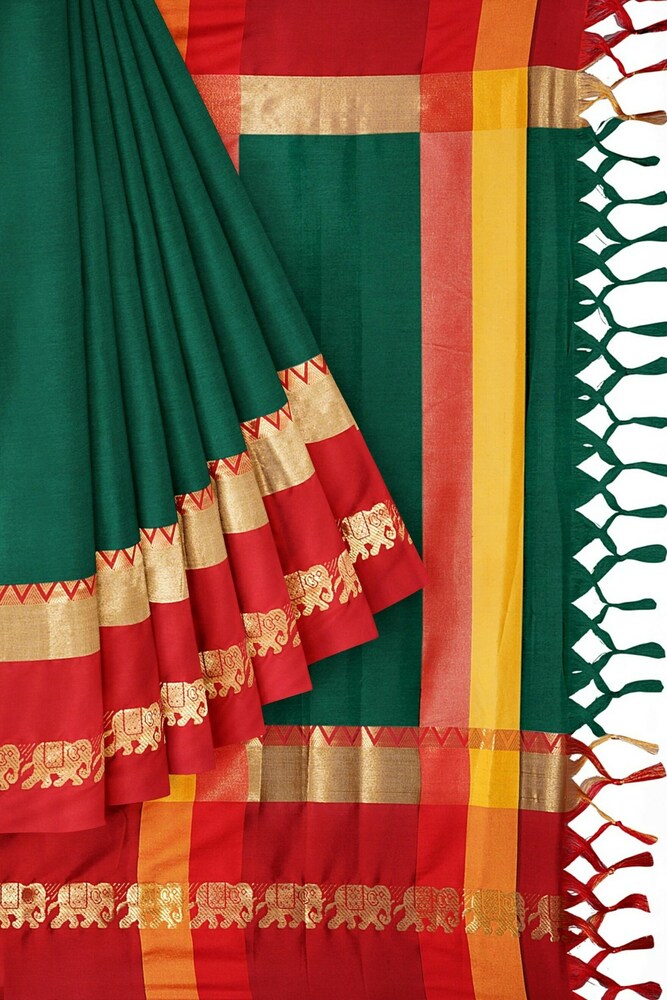 Emerald Green & Rani Red Cotton Silk Savanna Elephant Saree