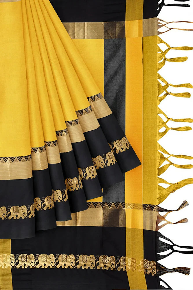 Golden Mustard & Black Cotton Silk Savanna Elephant Saree