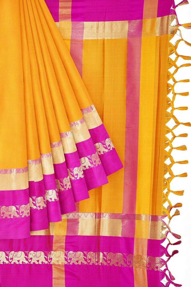 Yellow & Rani Pink Cotton Silk Savanna Elephant Saree