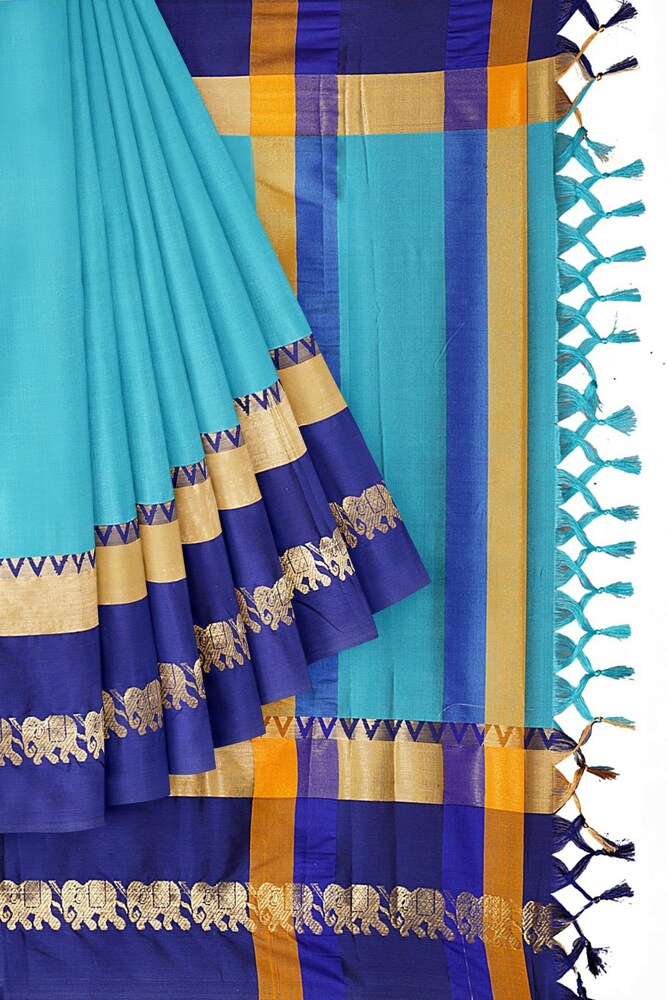 Aqua Blue & Royal Blue Cotton Silk Savanna Elephant Saree