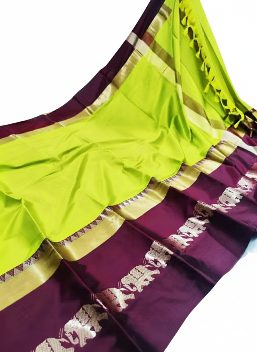Lemon Green & Coffee Brown Cotton Silk Savanna Elephant Saree