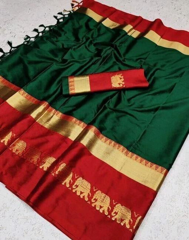 Emerald Green & Rani Red Cotton Silk Savanna Elephant Saree