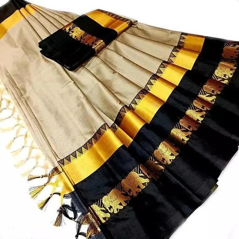 Chiku & Black Cotton Silk Savanna Elephant Saree