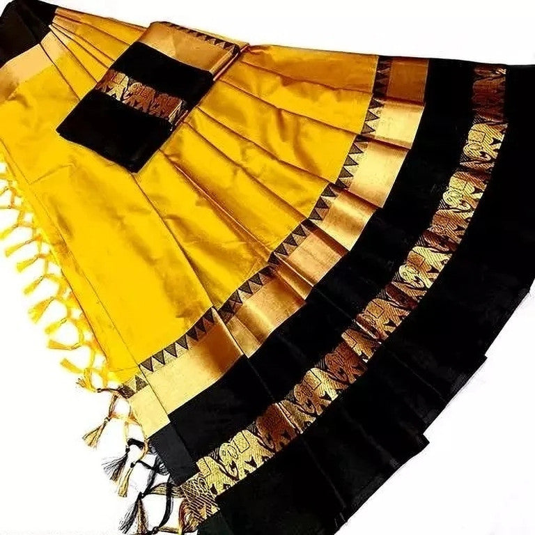 Golden Mustard & Black Cotton Silk Savanna Elephant Saree