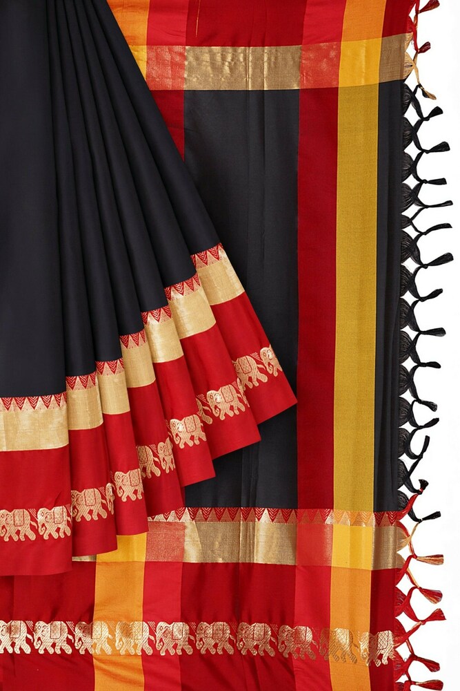 Elegant Black & Red Cotton Silk Saree – Savanna Elephant Collection