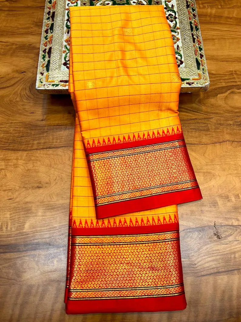 Vibrant Orange Yellow & Red Cotton Silk check paithani Saree