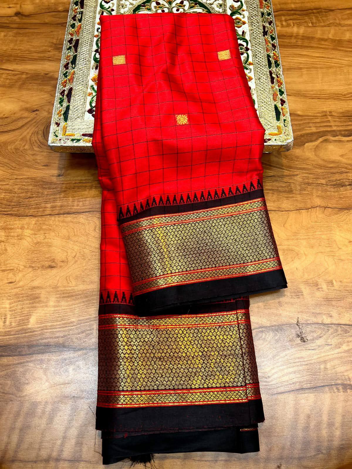 Royal Red & Black Cotton Silk Checks paithani Saree