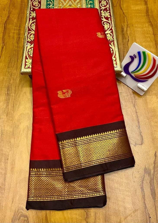 Classic Red & Deep Brown Paithani Cotton Silk Saree