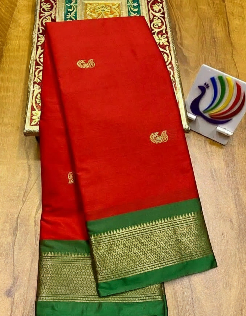 Traditional Red & Emerald Green Paithani Cotton Silk Saree