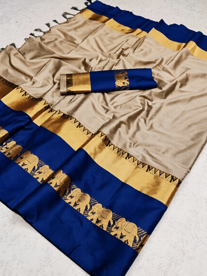 Tussar Beige & Blue Cotton Silk Savanna Elephant Saree