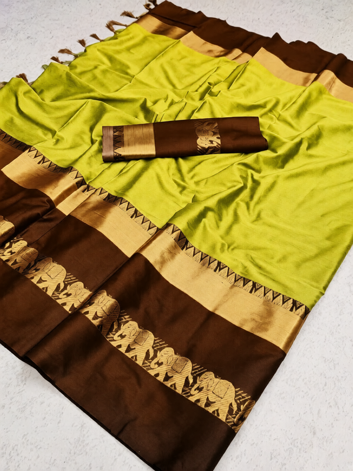 Lemon Green & Coffee Brown Cotton Silk Savanna Elephant Saree
