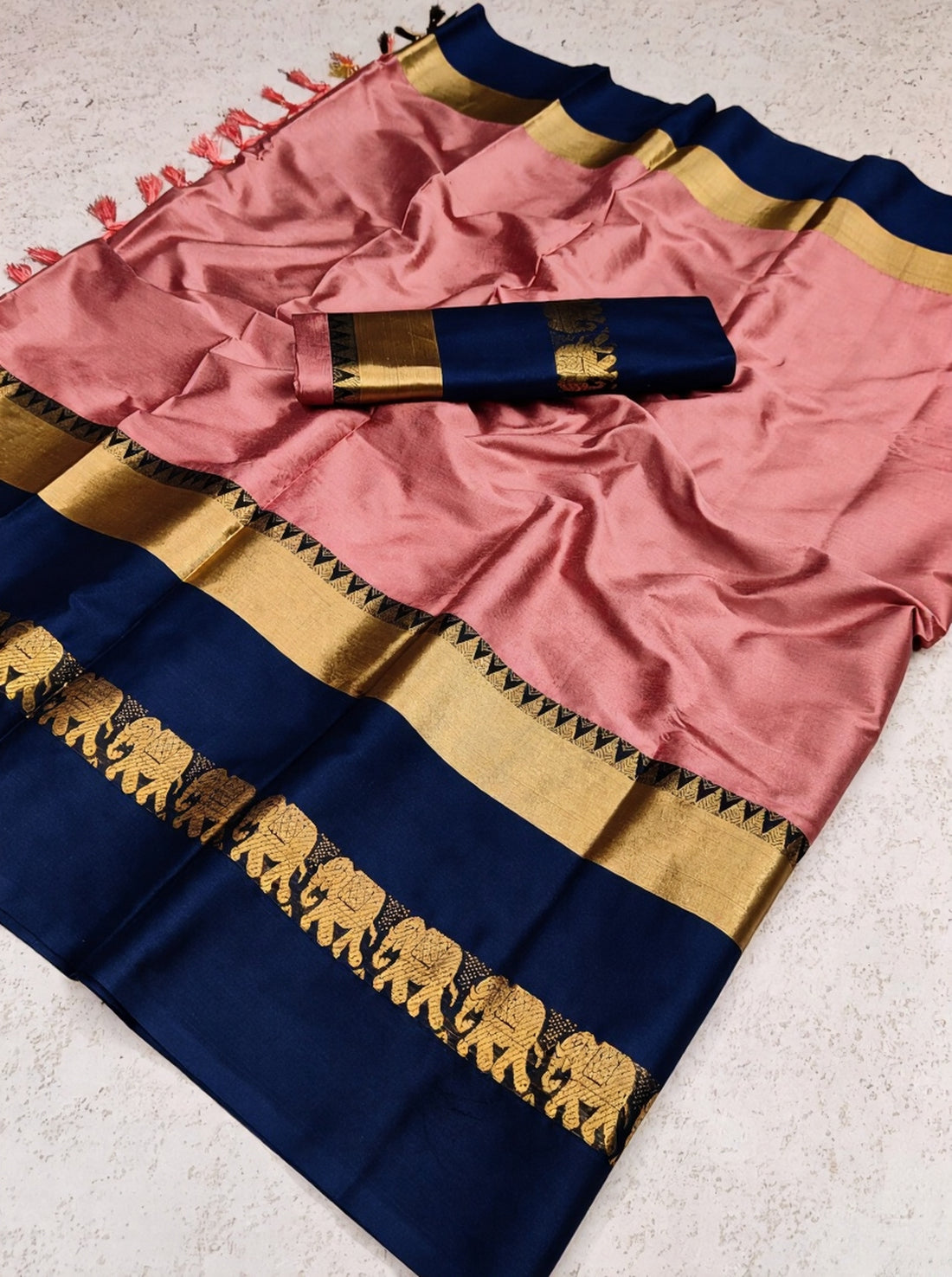 Baby Pink and Navy Blue Cotton Silk Saree
