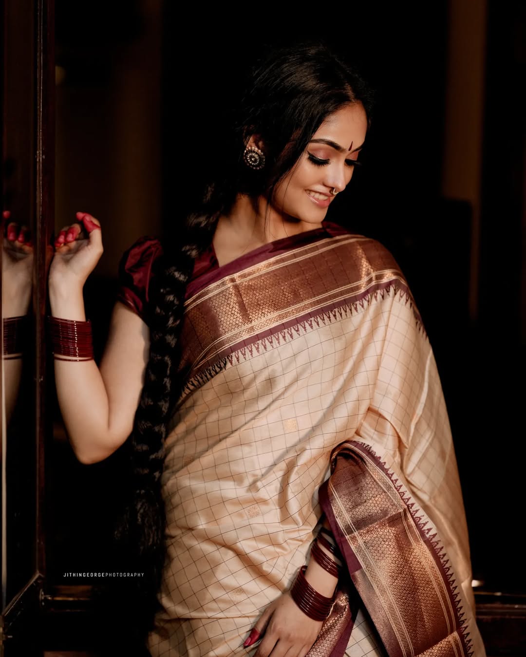Elegant Cream & Brown Checks Paithani Cotton Silk Saree with Gold Zari Border