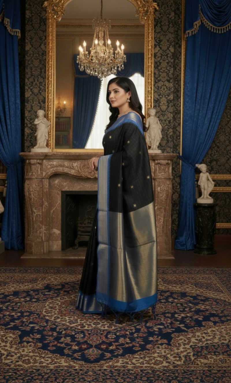 Royal Black & Blue Checks Paithani Silk Saree with Zari Border