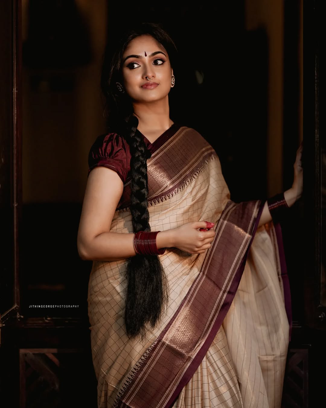 Elegant Cream & Brown Checks Paithani Cotton Silk Saree with Gold Zari Border
