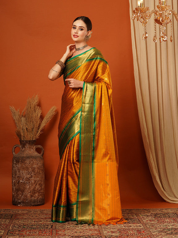 Elegant Gold & Green Checks Paithani Cotton Silk Saree with Zari Border