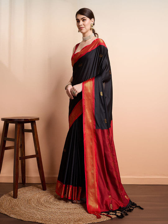 Royal Black & Crimson Red Paithani Cotton Silk Saree