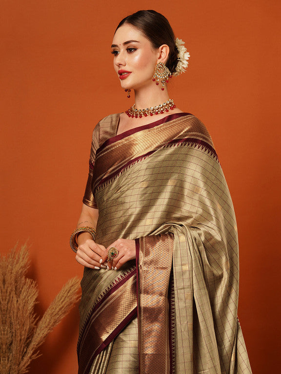 Elegant Beige & Maroon Checks Paithani Cotton Silk Saree with Zari Border