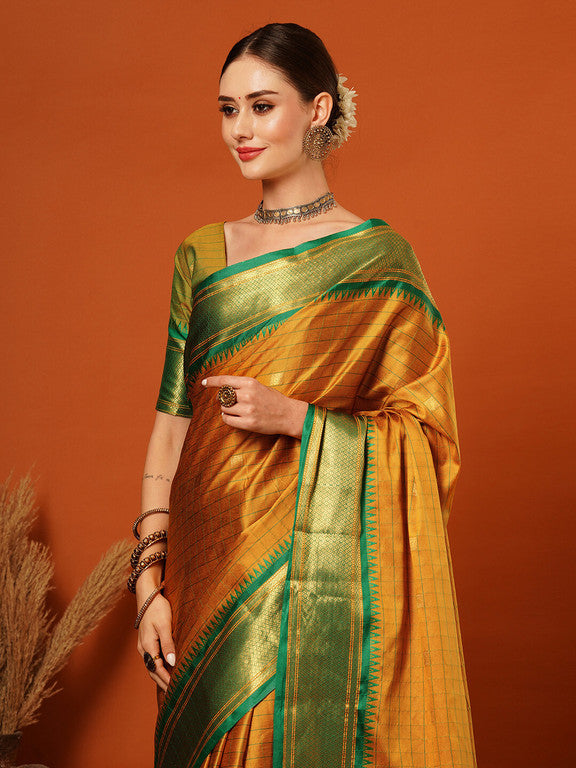 Elegant Gold & Green Checks Paithani Cotton Silk Saree with Zari Border