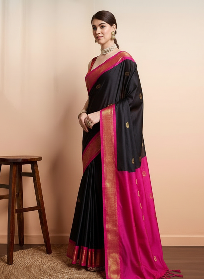 Midnight Black & Pink Paithani Cotton Silk Saree