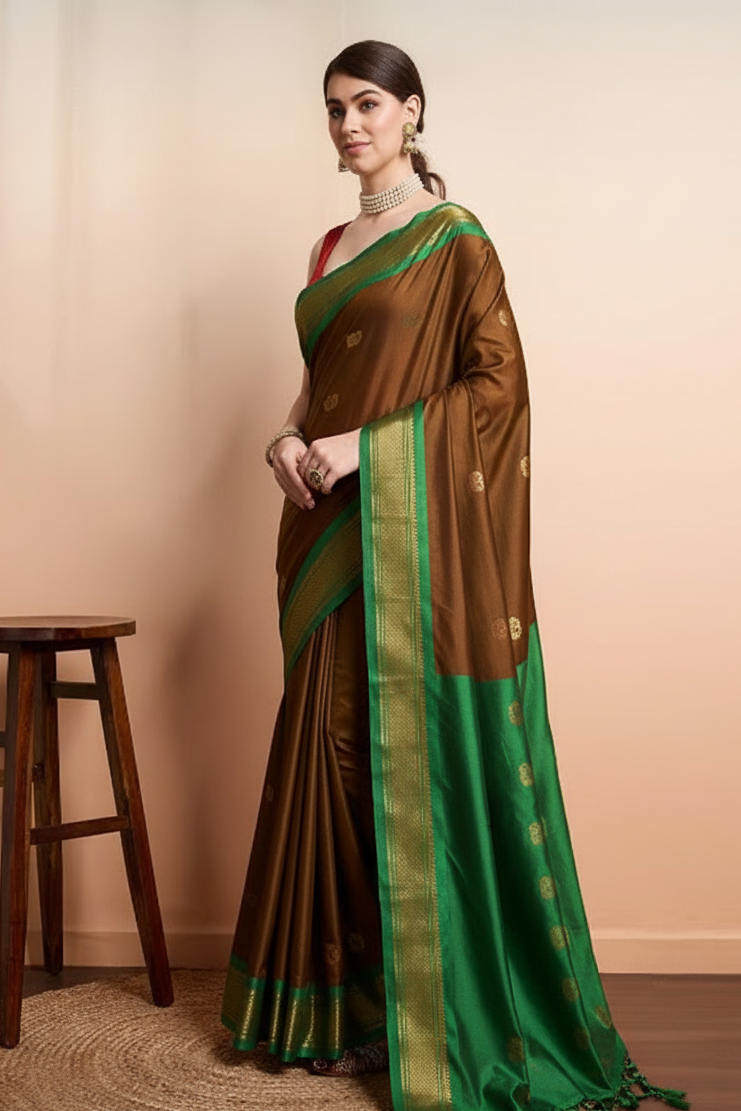 Elegant Brown & Emerald Green Paithani Cotton Silk Saree