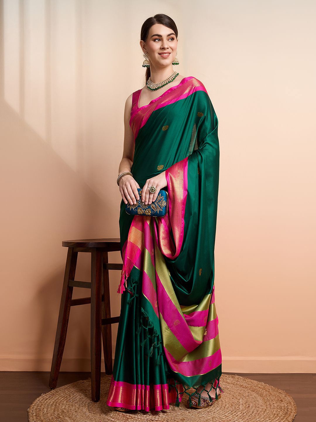 Royal Emerald Green & Rani Pink Paithani Cotton Silk Saree