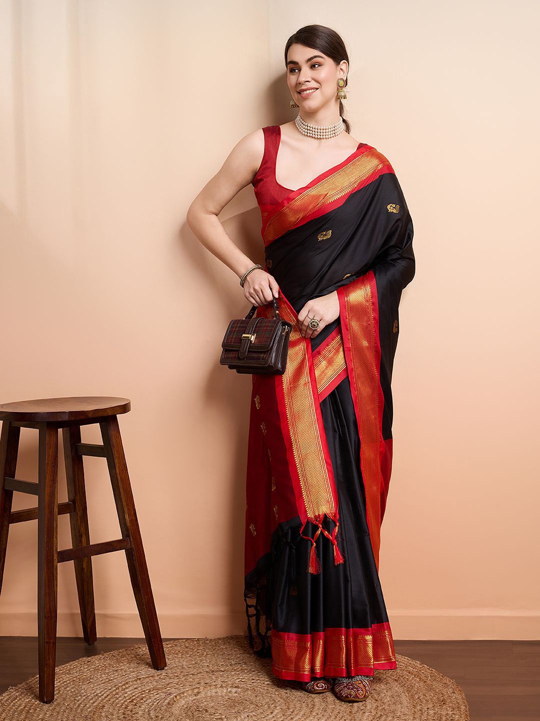 Royal Black & Crimson Red Paithani Cotton Silk Saree