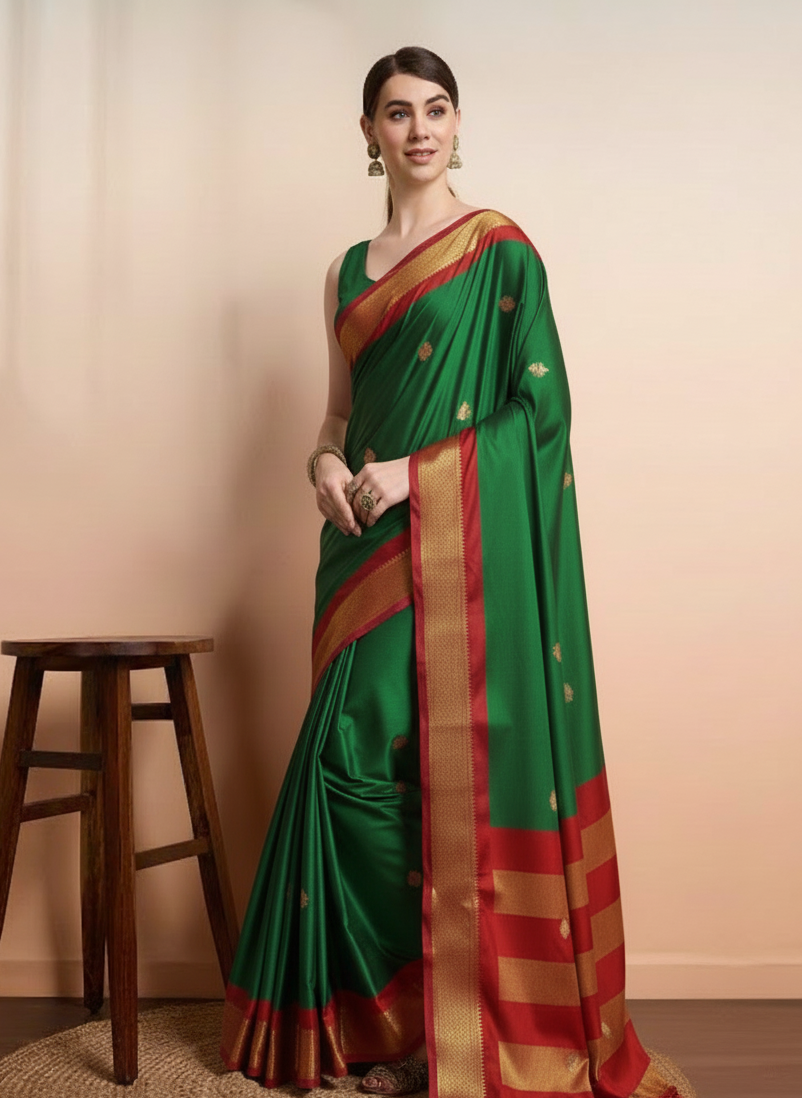 Classic Emerald Green & Royal Red Paithani Cotton Silk Saree