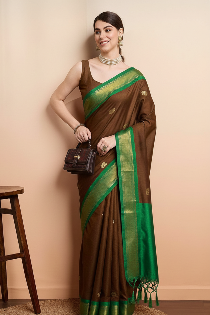 Elegant Brown & Emerald Green Paithani Cotton Silk Saree