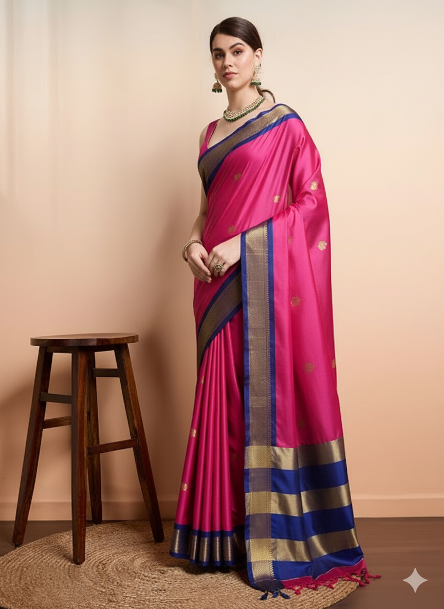 Vibrant Rani Pink & Royal Blue Paithani Cotton Silk Saree