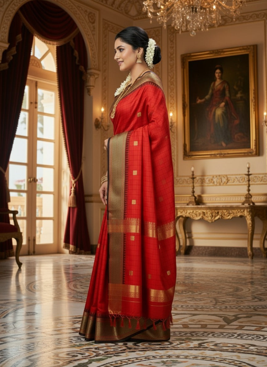 Royal Red & Black Cotton Silk Checks paithani Saree