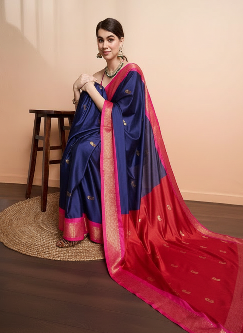 Royal Navy Blue & Classic Red Paithani Cotton Silk Saree