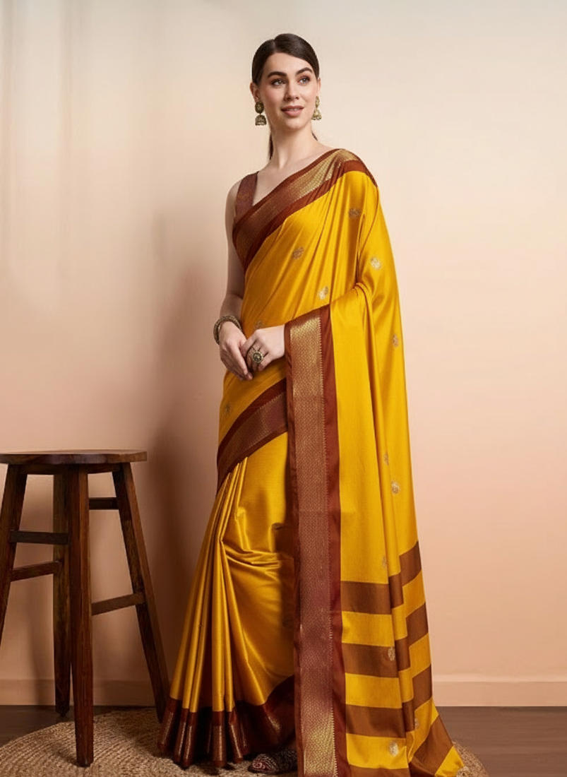Radiant Mustard Yellow & Classic Brown Paithani Cotton Silk Saree