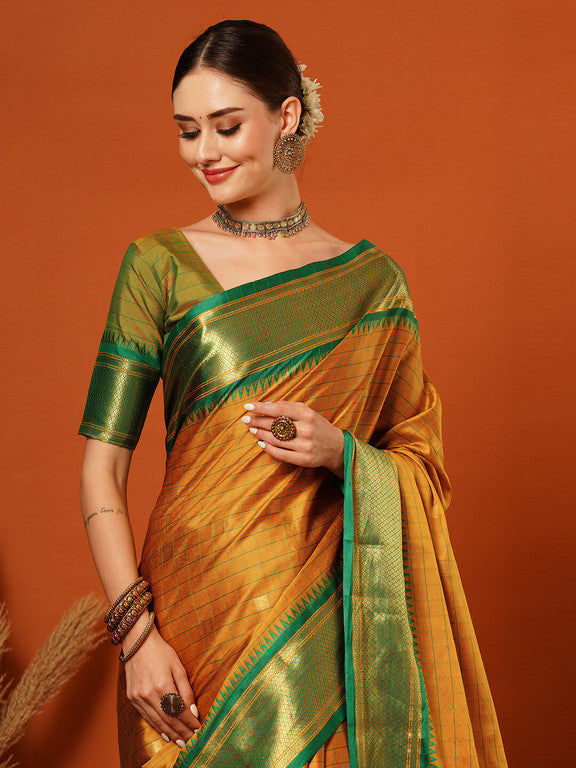 Elegant Gold & Green Checks Paithani Cotton Silk Saree with Zari Border