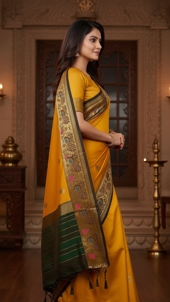 Mustard Gold Jacquard Silk Saree with Peacock Zari Border
