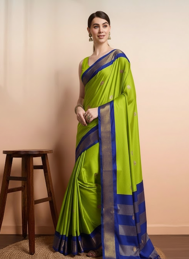 Radiant Lime Green & Royal Blue Paithani Cotton Silk Saree