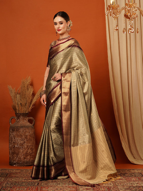 Elegant Beige & Maroon Checks Paithani Cotton Silk Saree with Zari Border