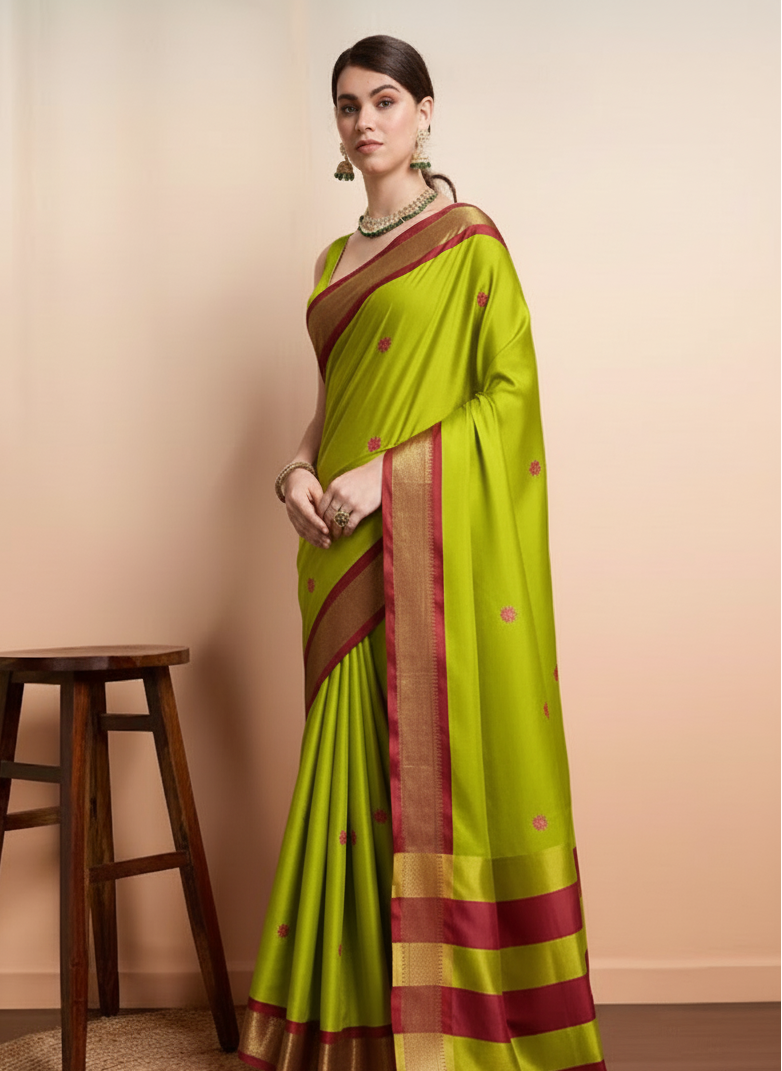 Elegant Lime Green & Wine Brown Paithani Cotton Silk Saree