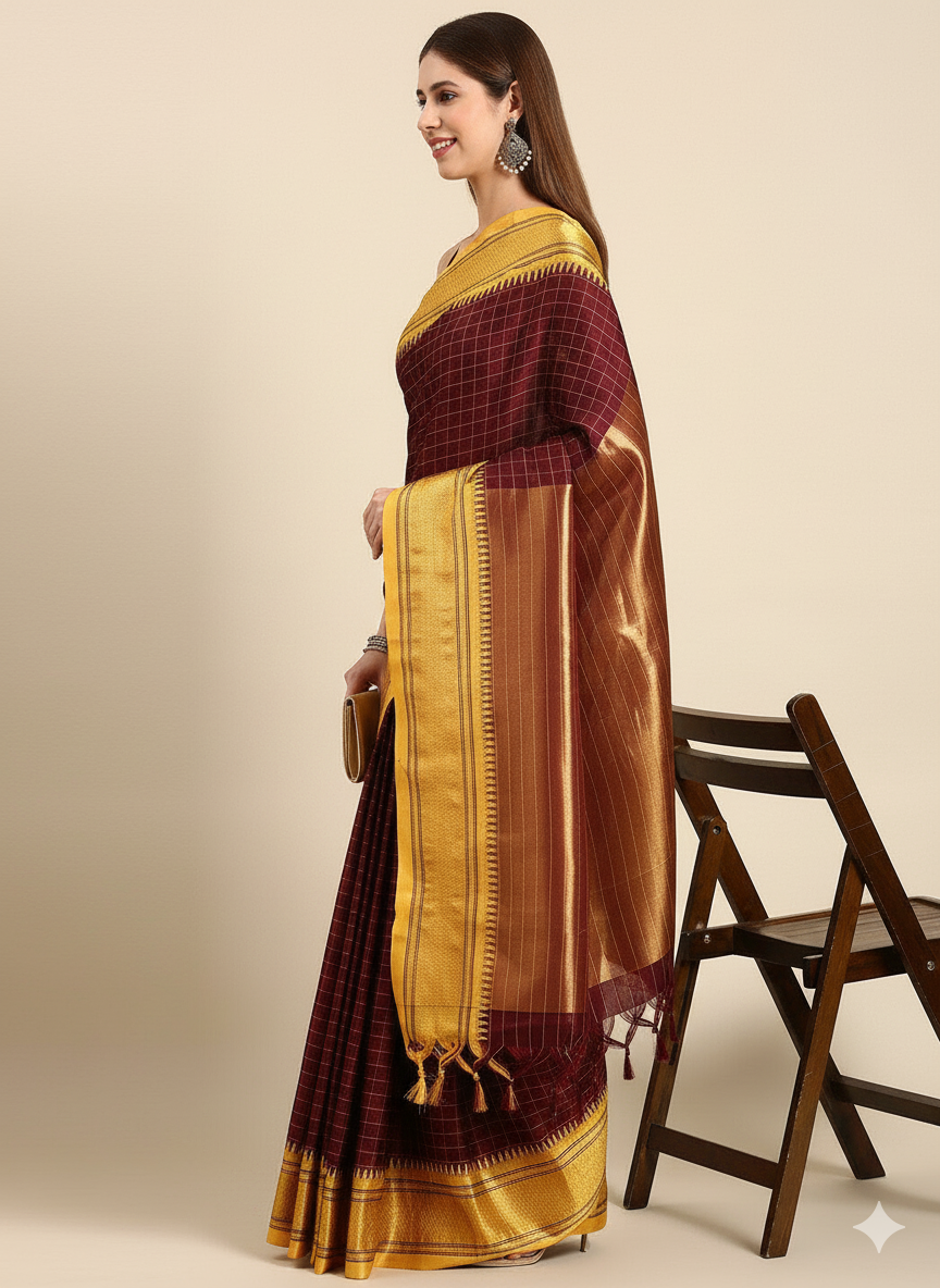 Rich Dark Maroon & Golden Yellow Checks Paithani Cotton Silk Saree with Zari Border
