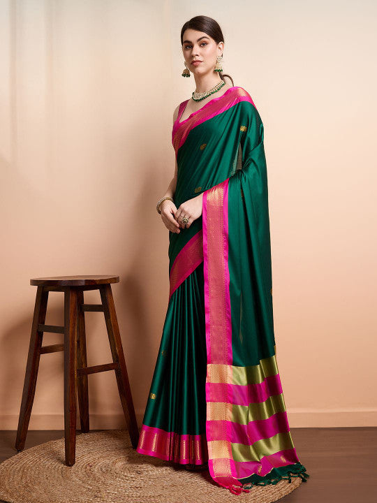 Royal Emerald Green & Rani Pink Paithani Cotton Silk Saree