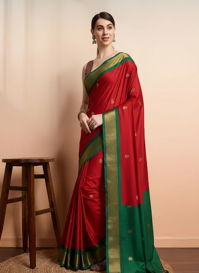Traditional Red & Emerald Green Paithani Cotton Silk Saree
