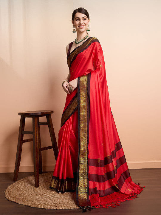 Classic Red & Deep Brown Paithani Cotton Silk Saree