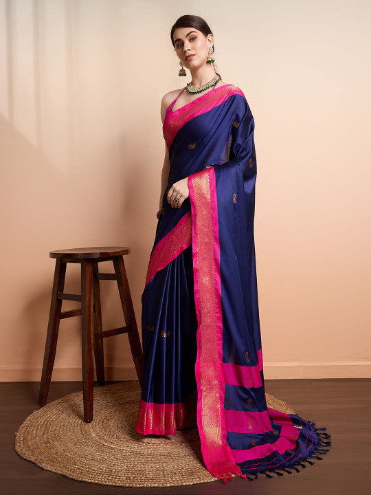 Elegant Navy Blue & Rani Pink Paithani Cotton Silk Saree