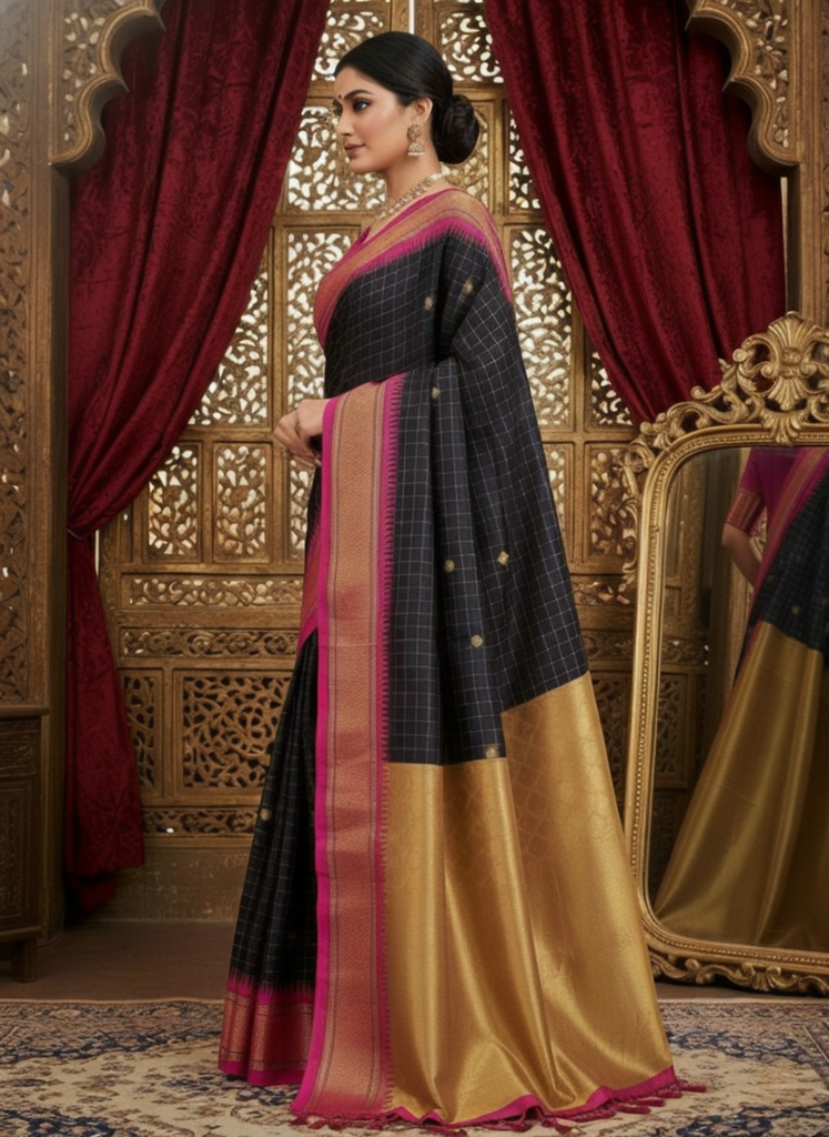 Elegant Black Checks Paithani Cotton Silk Saree with Pink & Gold Zari Border