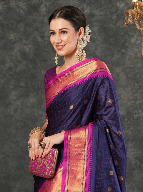 Elegant Navy Blue & Pink Checks Paithani Cotton Silk Saree with Zari Border