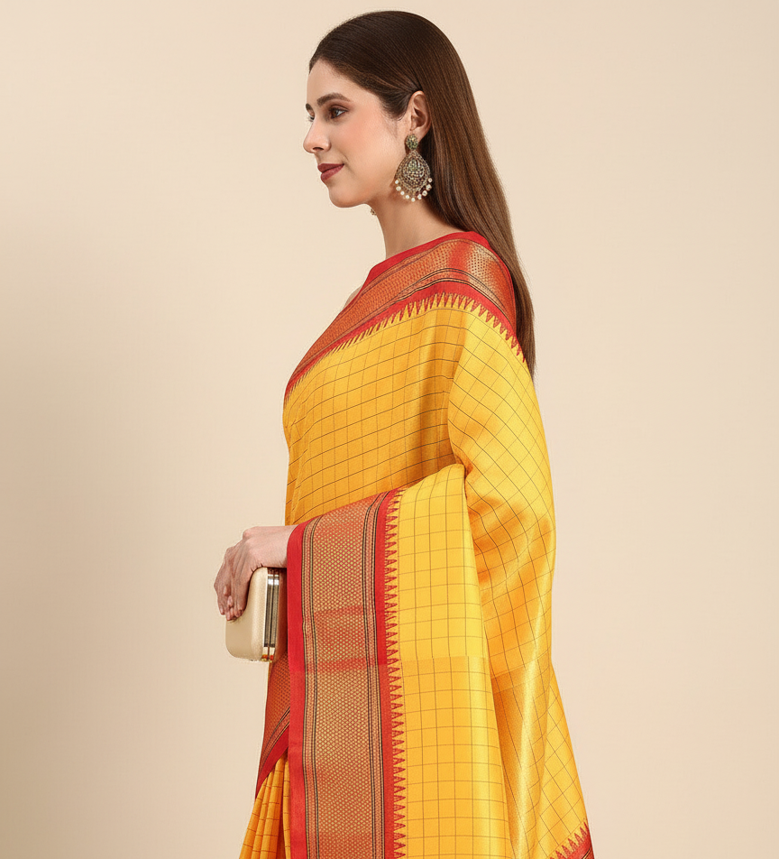 Vibrant Orange Yellow & Red Cotton Silk check paithani Saree