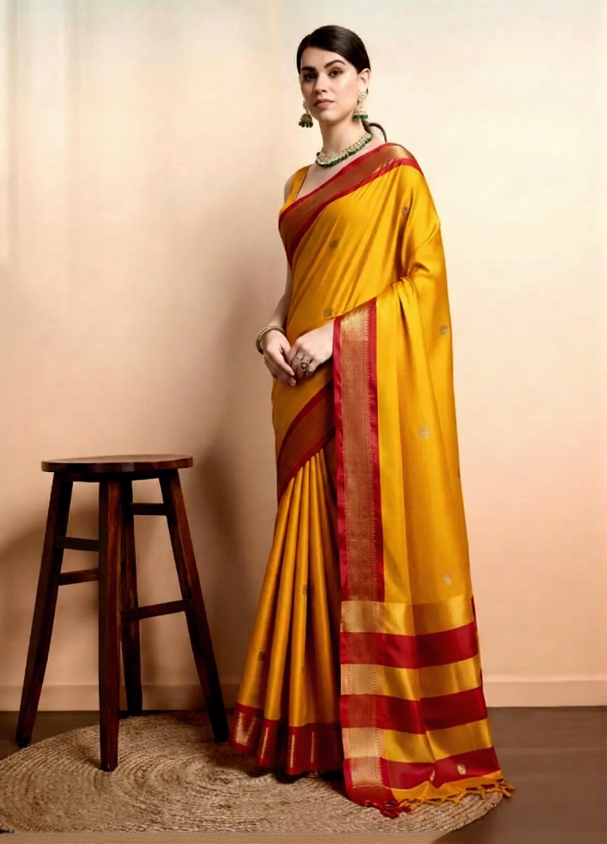 Royal Mango Yellow & Classic Red Paithani Cotton Silk Saree