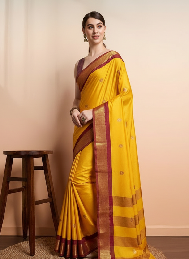 Radiant Mango Yellow & Wine Brown Paithani Cotton Silk Saree