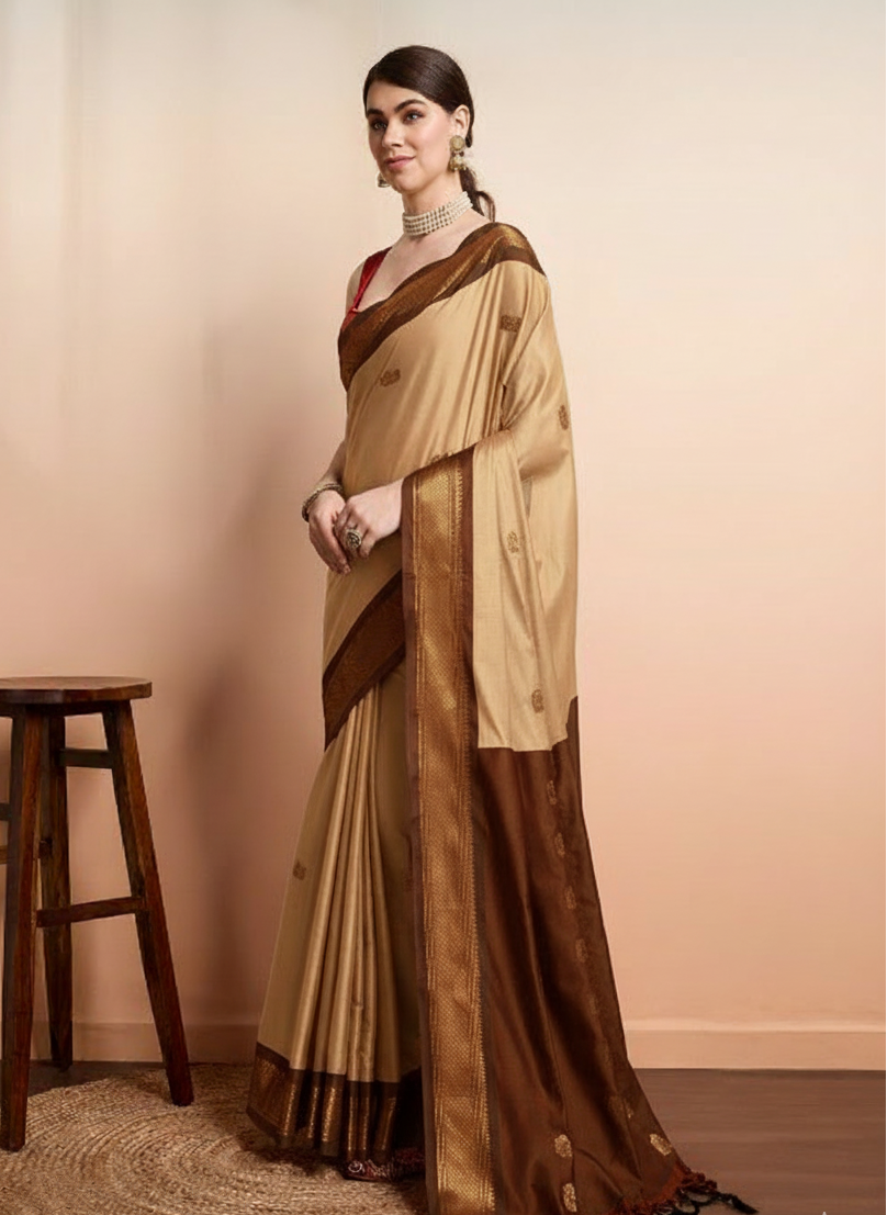 Royal Beige Paithani Cotton Silk Saree with Brown Zari Border